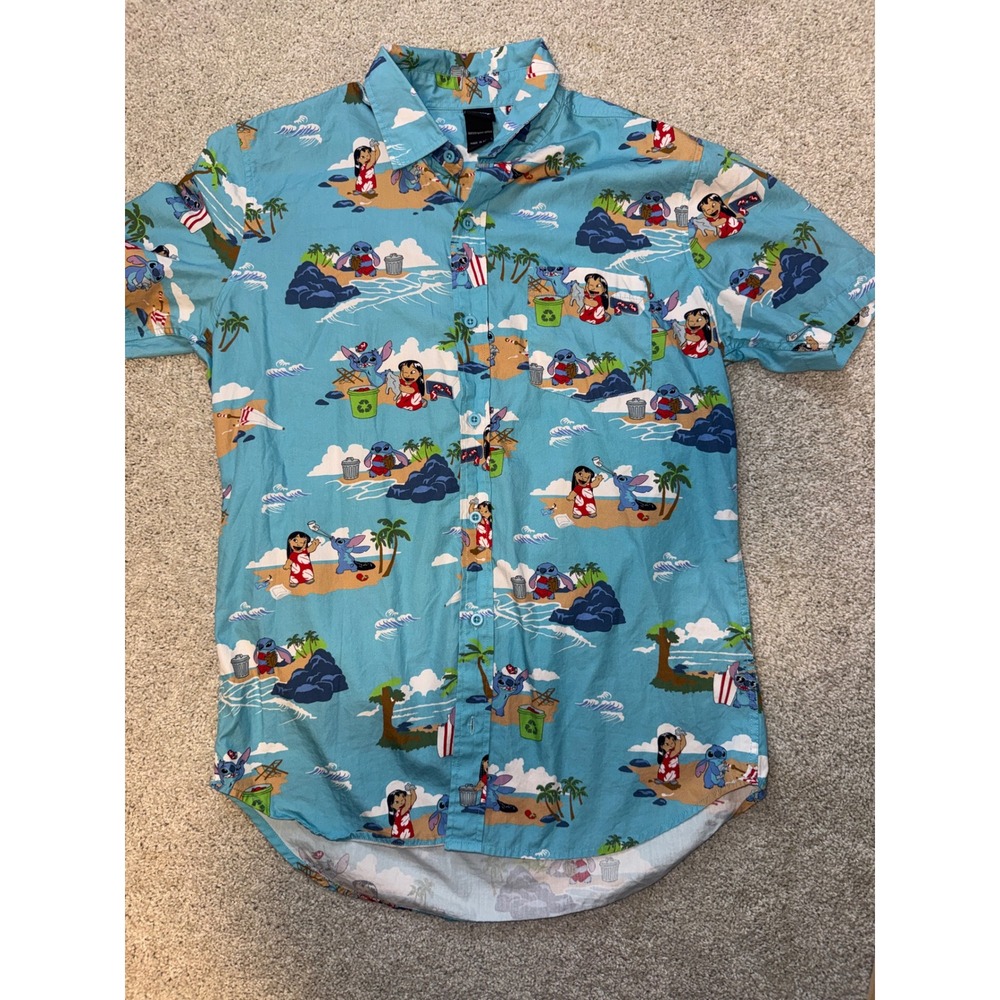 Disney Lilo and Stitch Blue Hawaiian Short Sleeve Button Down Shirt Mens Small